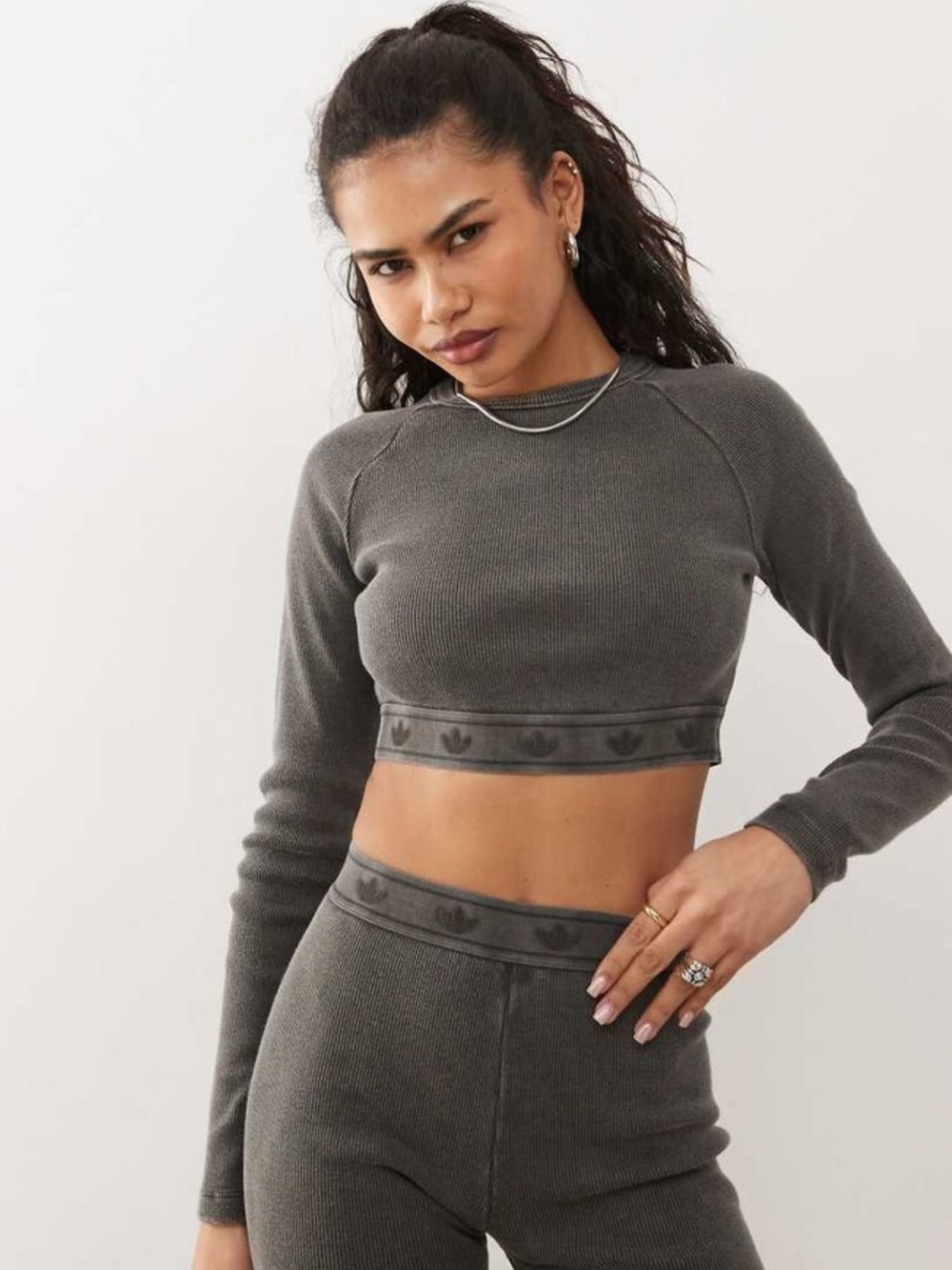 ADIDAS ribbed long sleeve crop top in dark grey - Picture 3 of 8